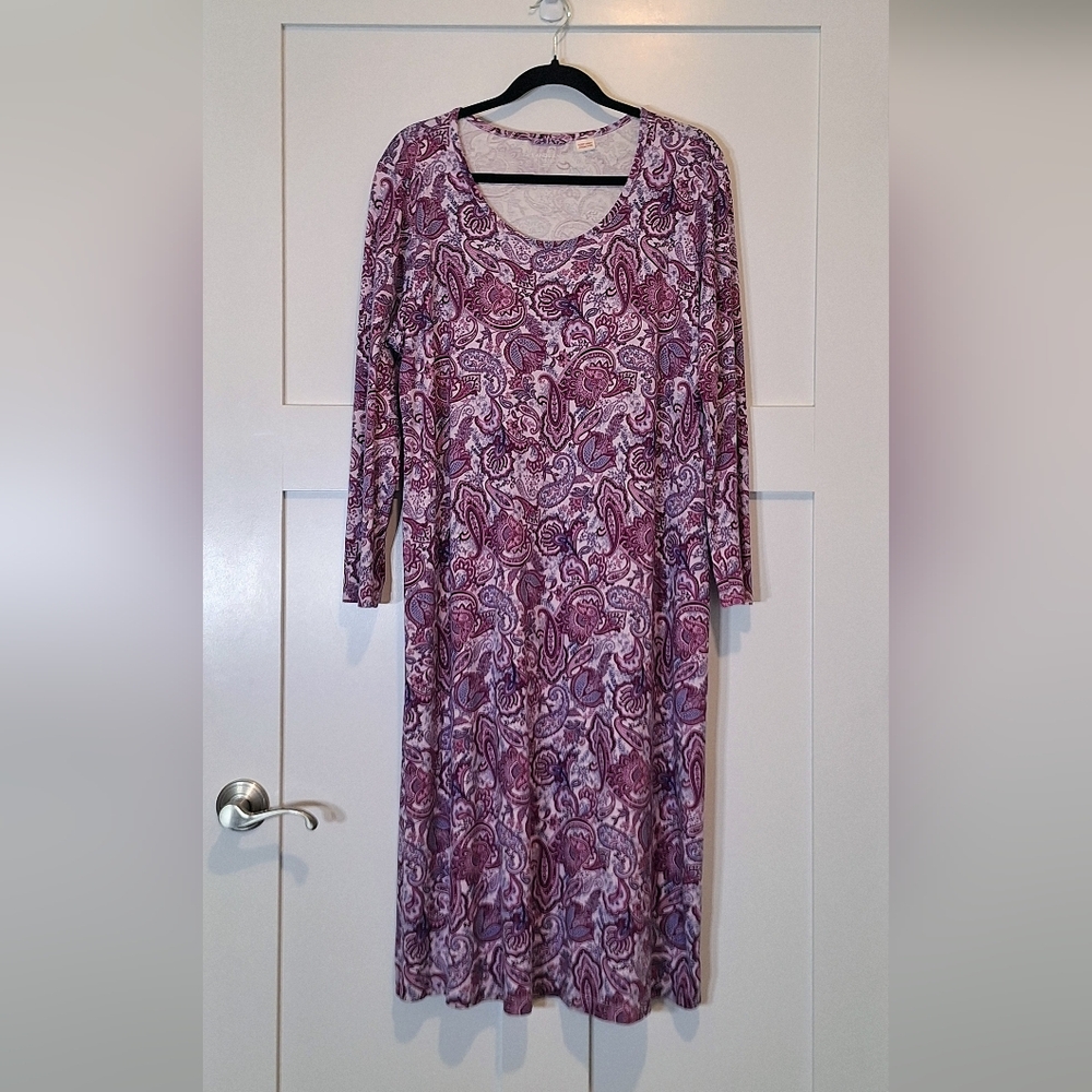 Lands' End Cotton Paisley Night Gown Long Sleeve Size XL Purple Pink